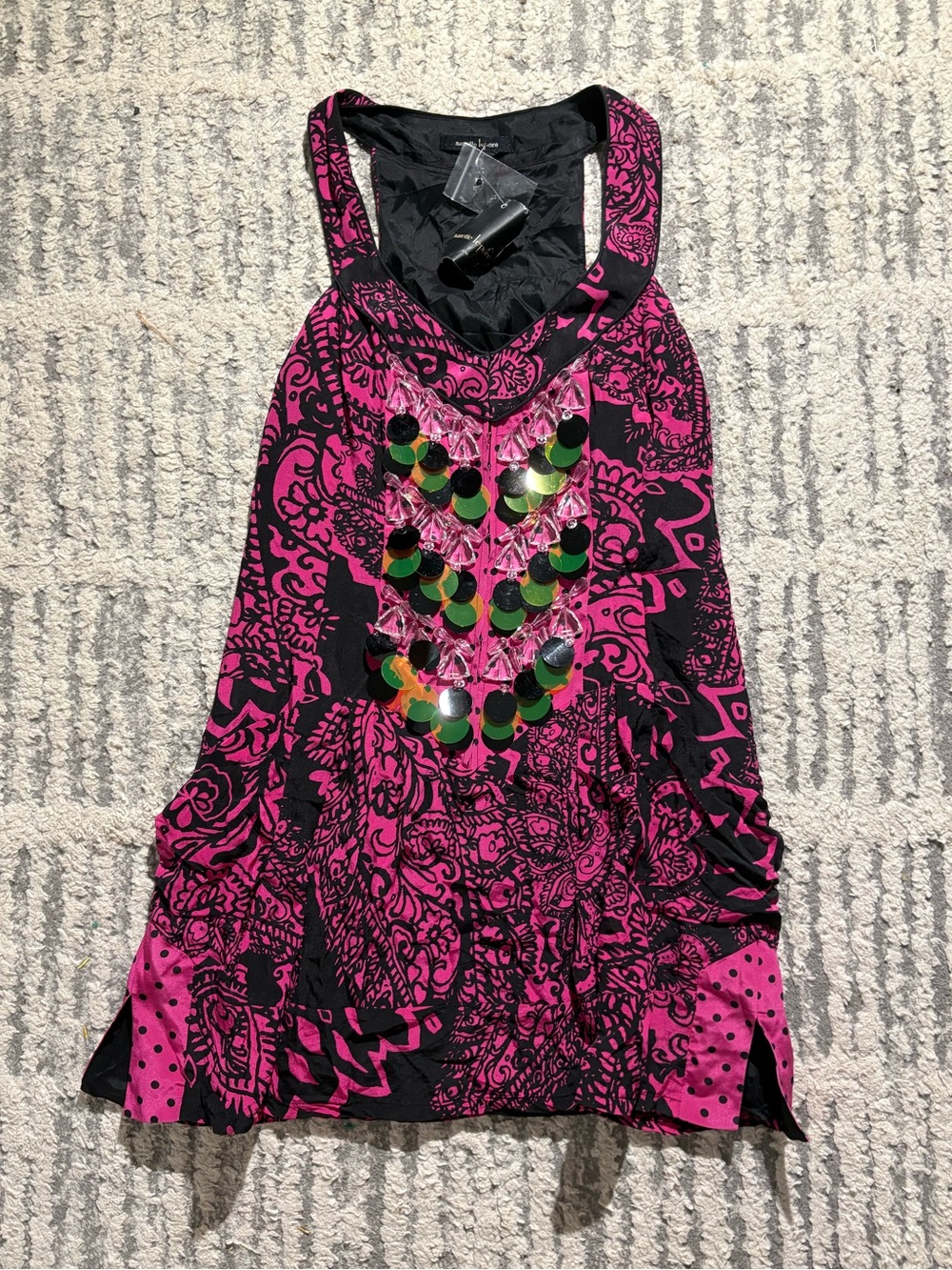 NWT Nanette Lepore 100% silk pink black sequin print mini dress size 0